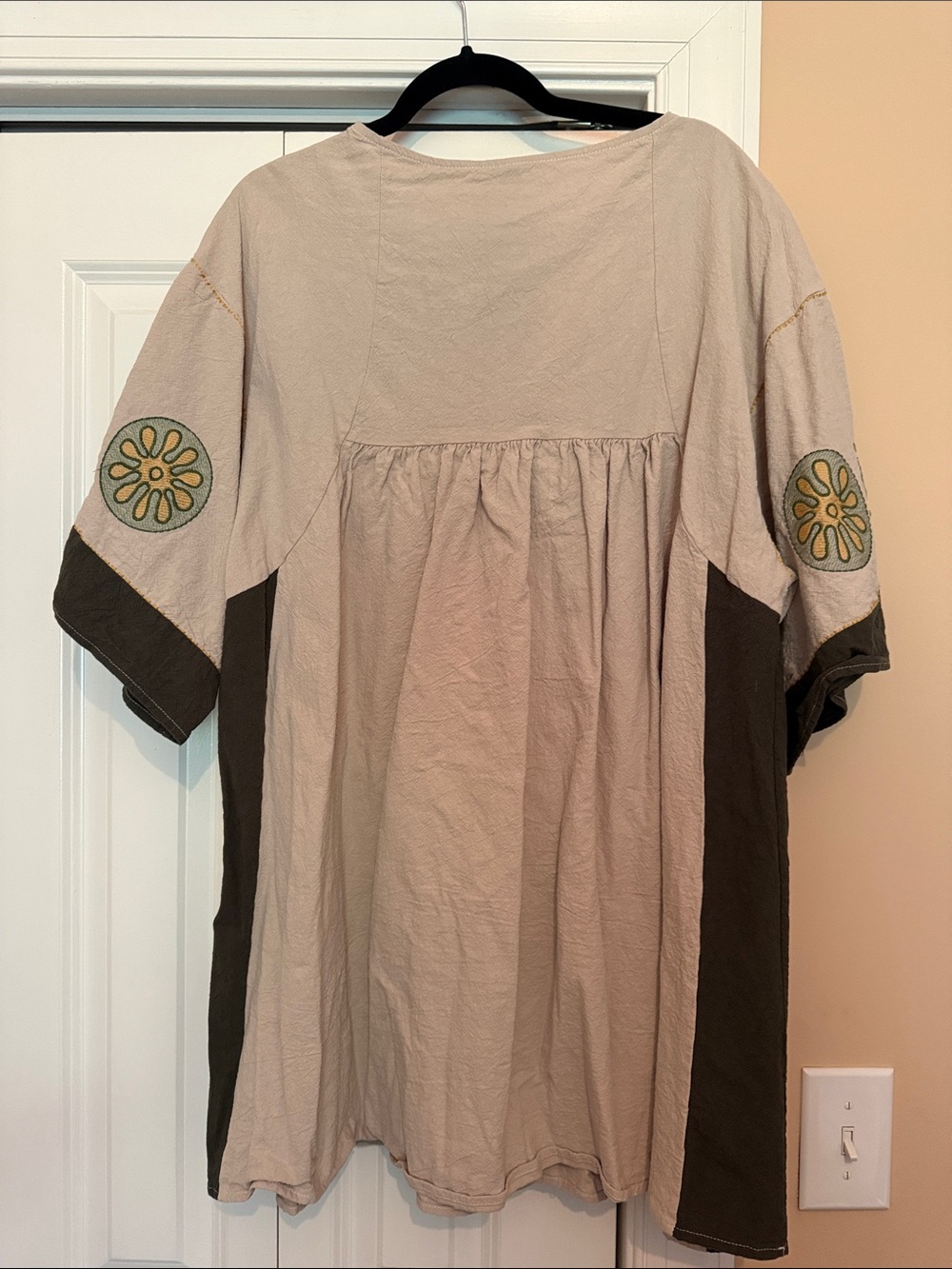 Boho Embroidered V-Neck Tunic Dress - Beige with Olive Accents - Picture 3 of 3